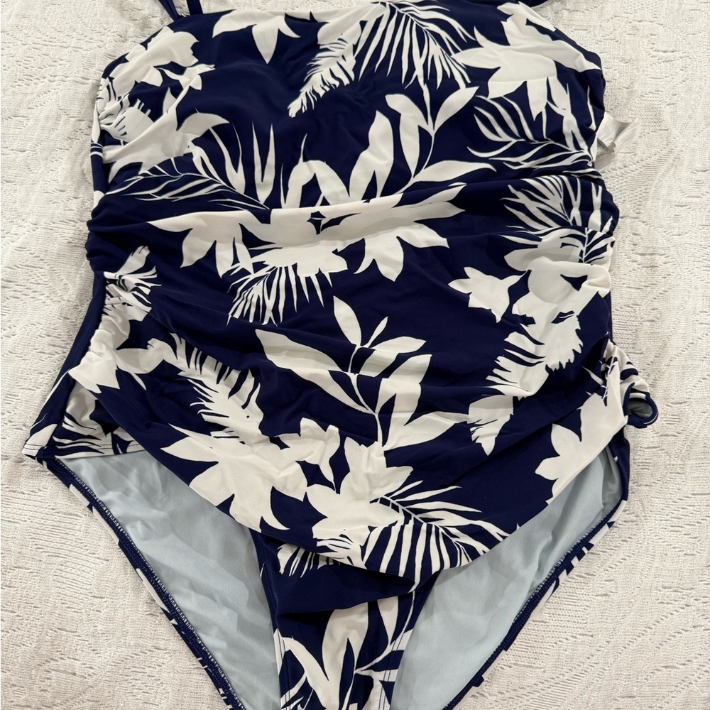 Women’s Swim Floral One-Piece Swimsuit - Navy and White.